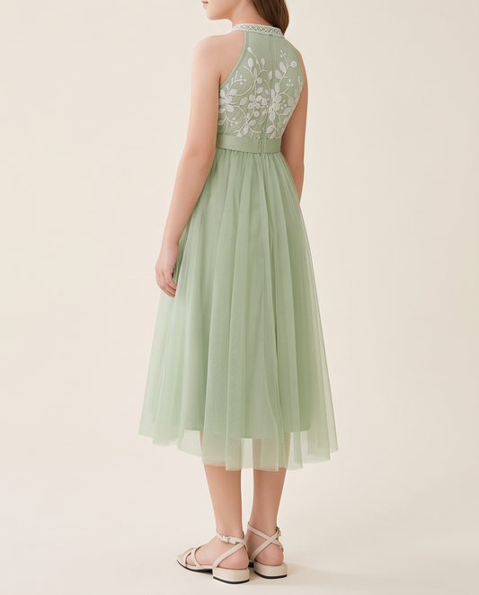 Girl wearing Sage Green Lace & Tulle Flower Girl Dress