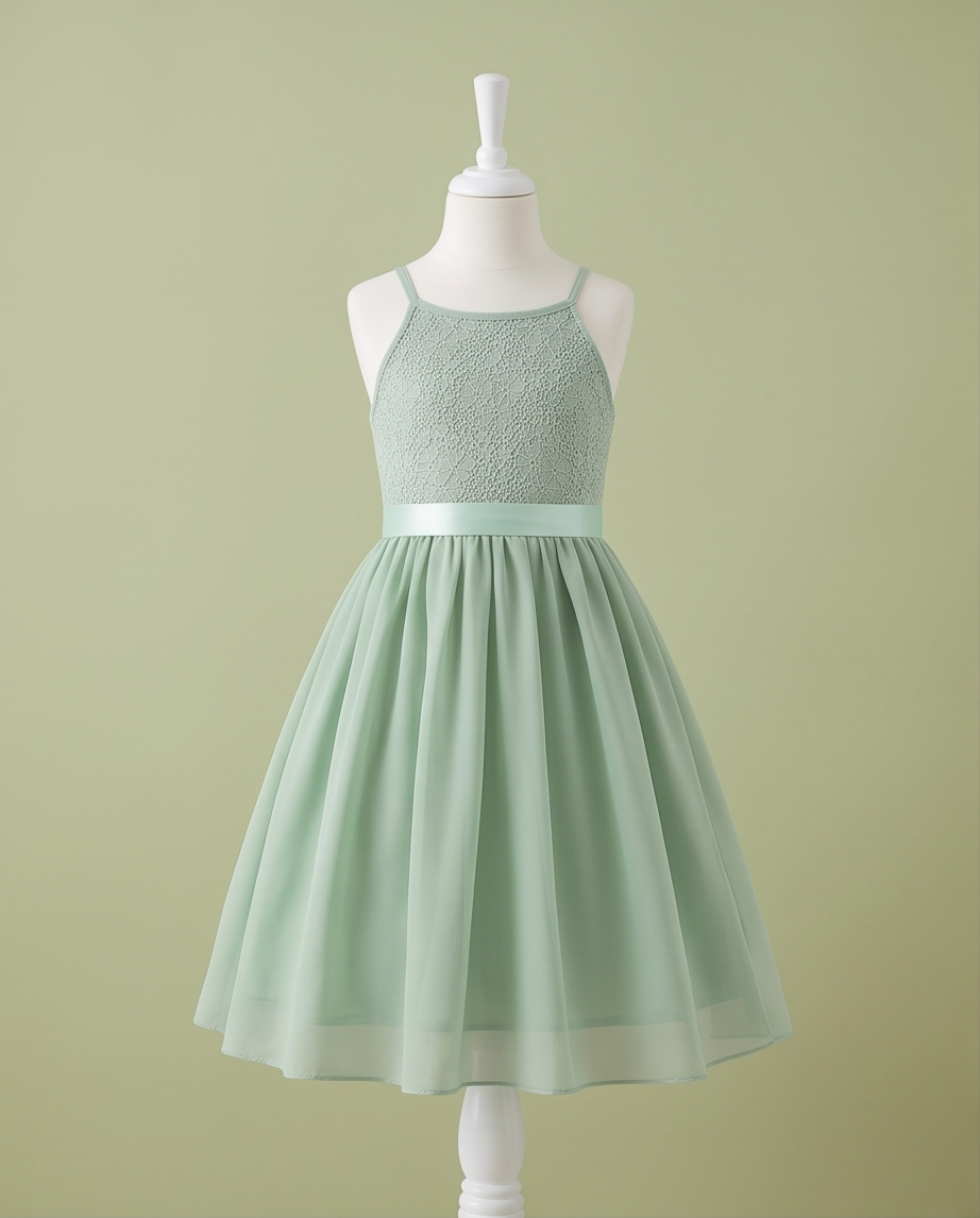 Girl wearing Sage Green Lace Flower Girl Dress