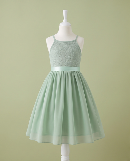 Girl wearing Sage Green Lace Flower Girl Dress