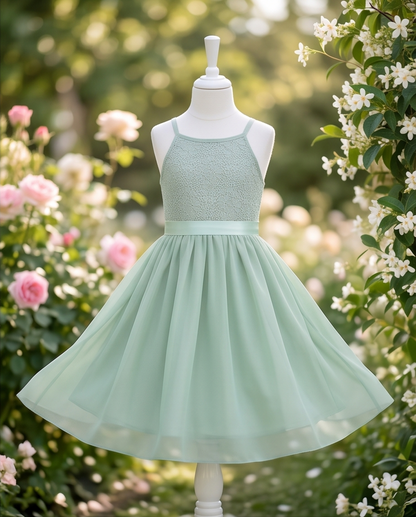 Girl wearing Sage Green Lace Flower Girl Dress