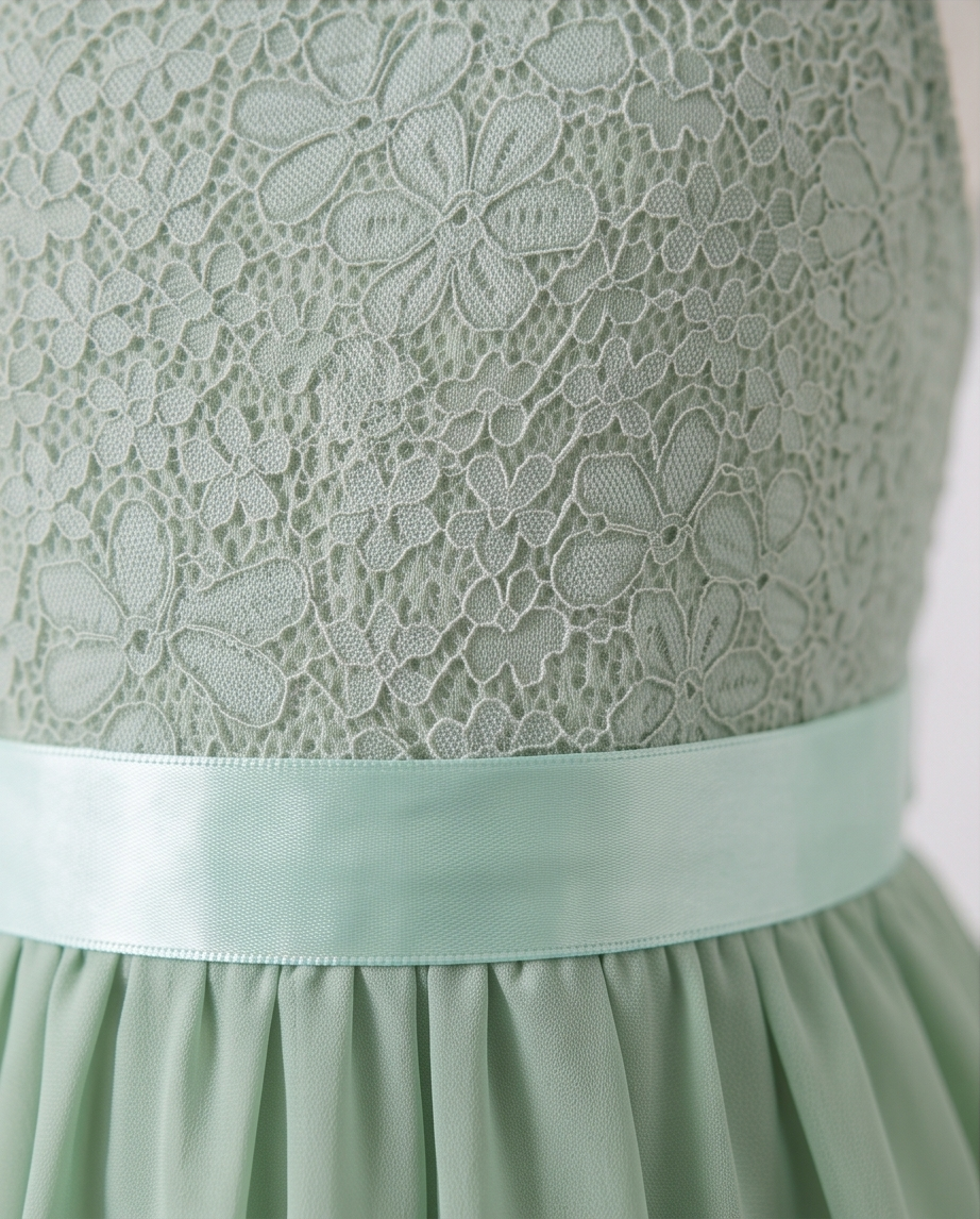 Girl wearing Sage Green Lace Flower Girl Dress