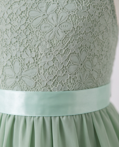 Girl wearing Sage Green Lace Flower Girl Dress