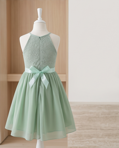 Girl wearing Sage Green Lace Flower Girl Dress