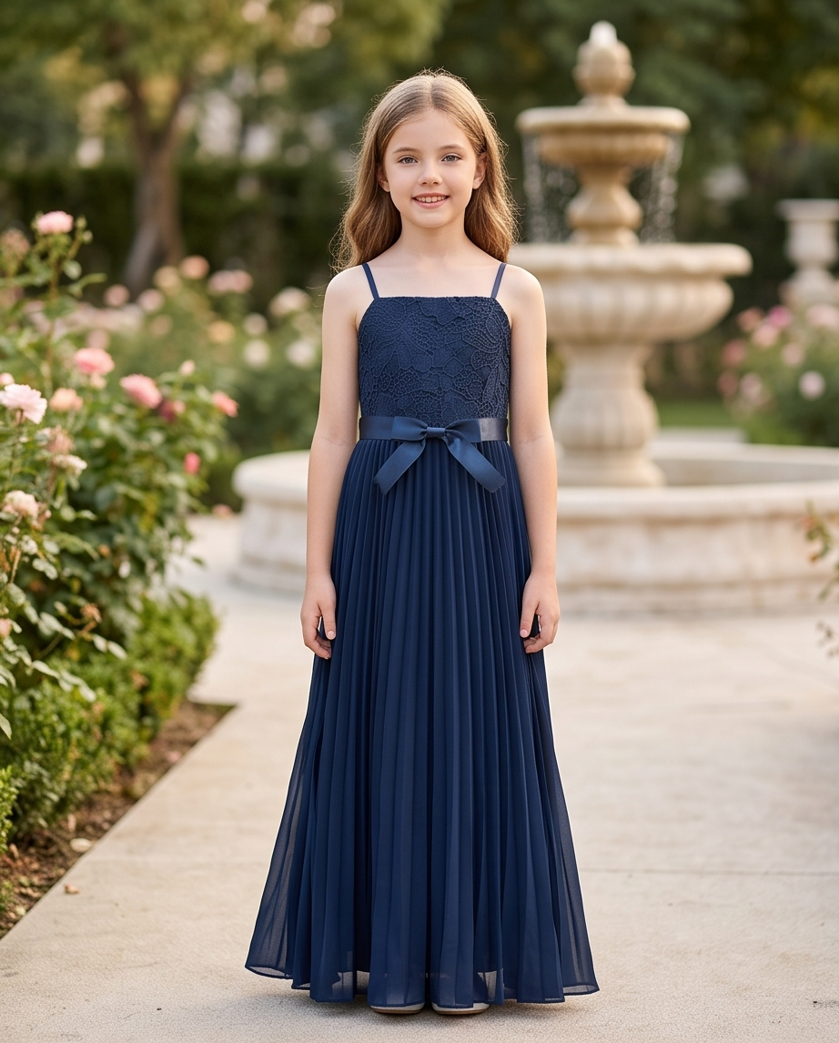 Navy blue pleated flower girl dress worn for a special occasion