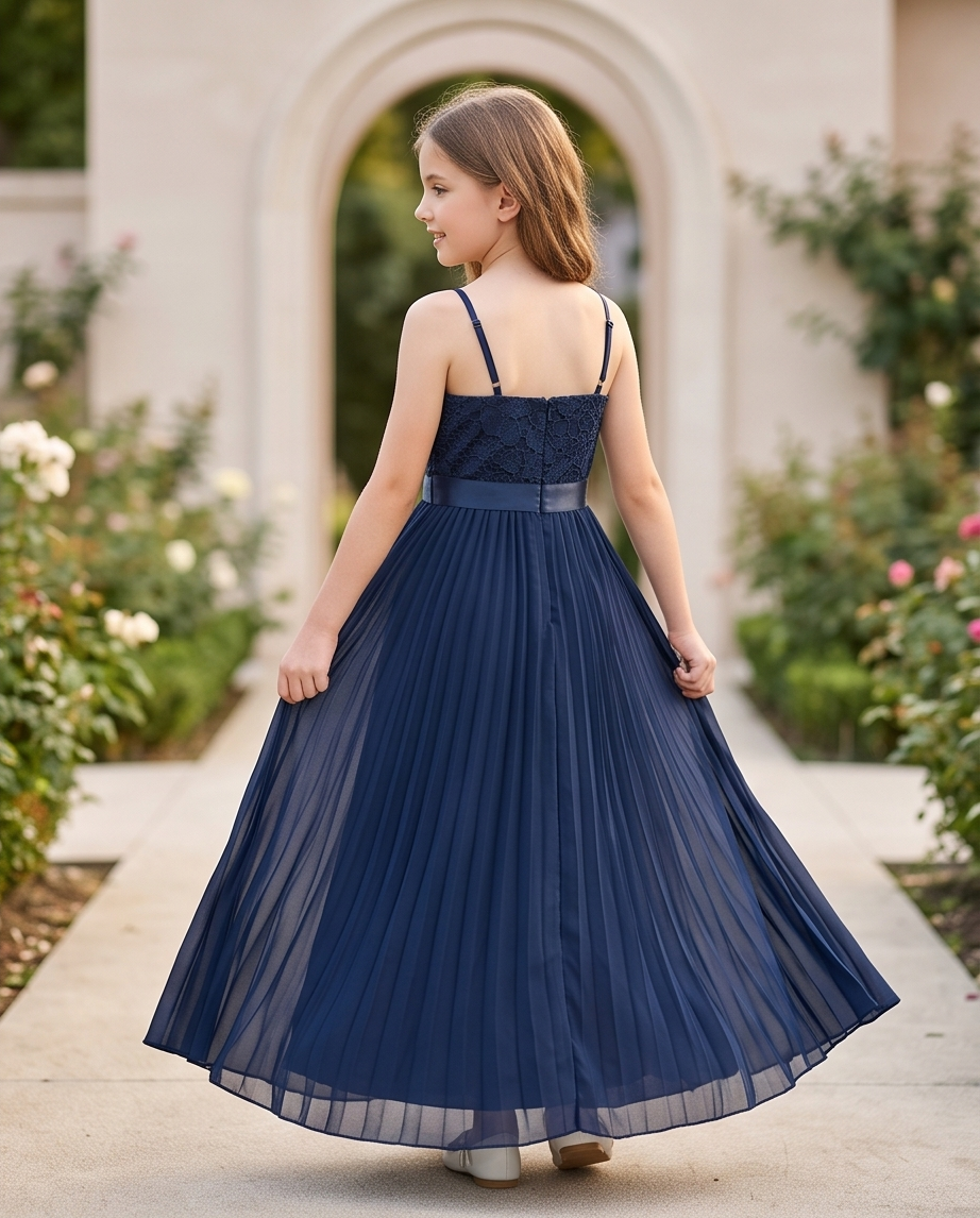 Navy blue flower girl dress with lace bodice and ribbon waist bow