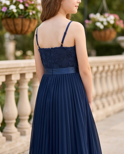 Navy blue lace bodice flower girl dress with long pleated skirt