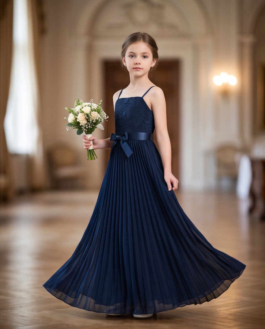 Back view of navy blue flower girl dress with lace bodice and pleated skirt