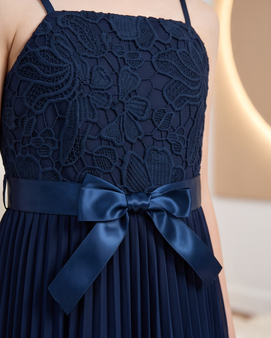 Full-length navy blue pleated flower girl dress with lace bodice