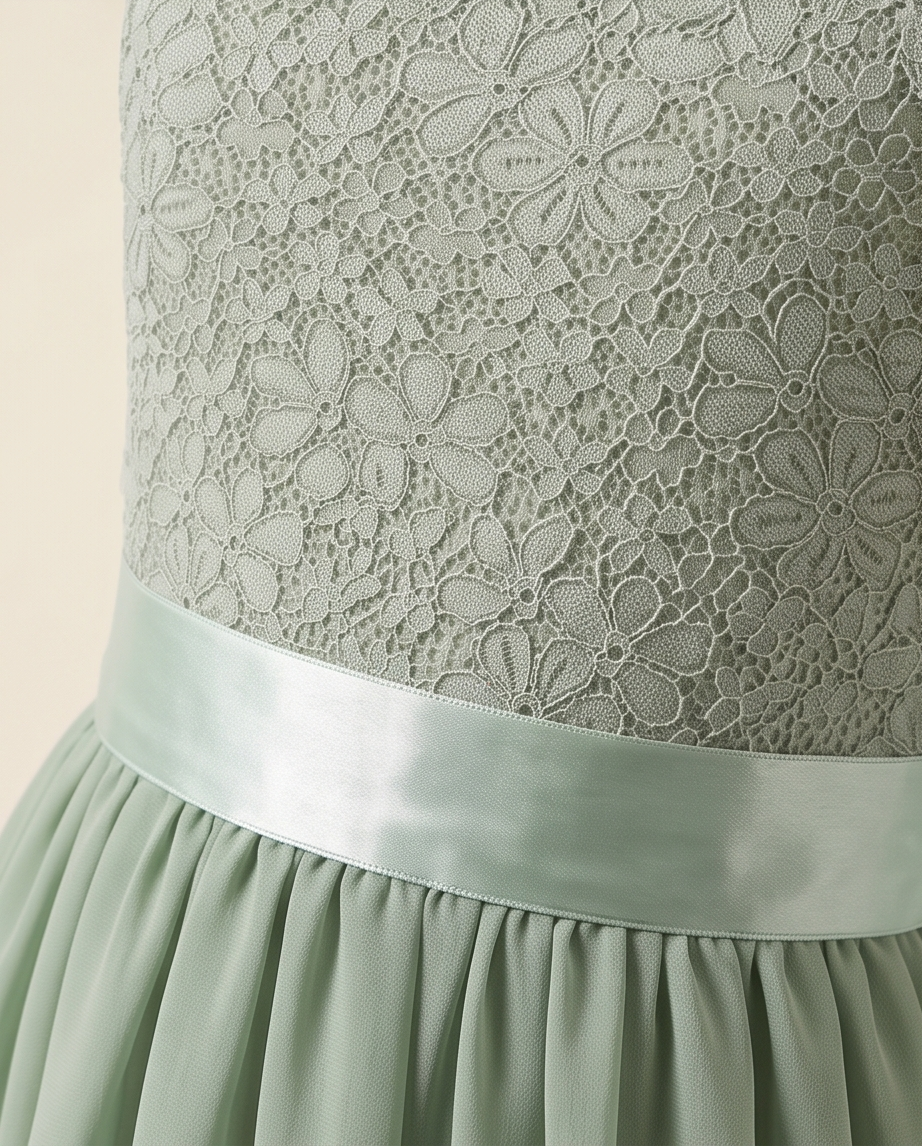 Girl wearing Sage Green Lace Flower Girl Dress