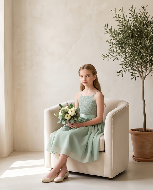 Girl wearing Sage Green Lace Flower Girl Dress