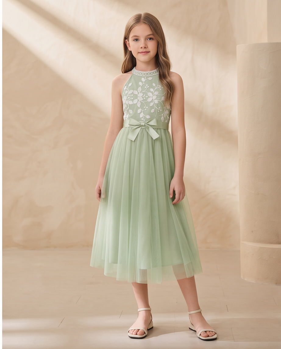 Girl wearing Sage Green Lace & Tulle Flower Girl Dress