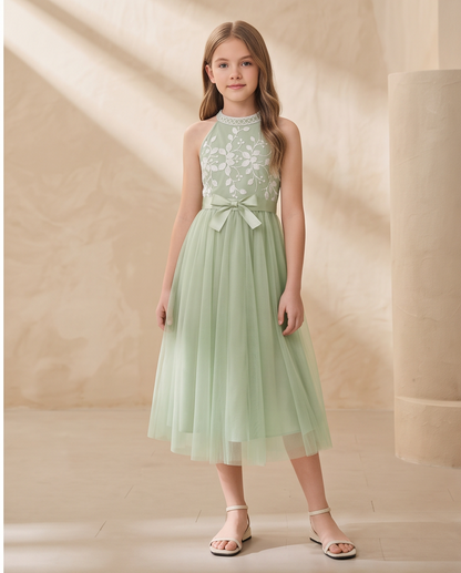 Girl wearing Sage Green Lace & Tulle Flower Girl Dress