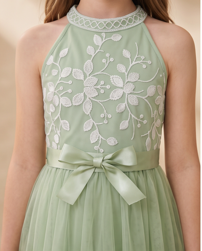 Girl wearing Sage Green Lace & Tulle Flower Girl Dress