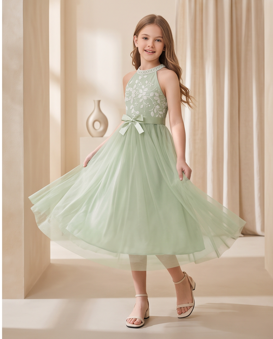 Girl wearing Sage Green Lace & Tulle Flower Girl Dress