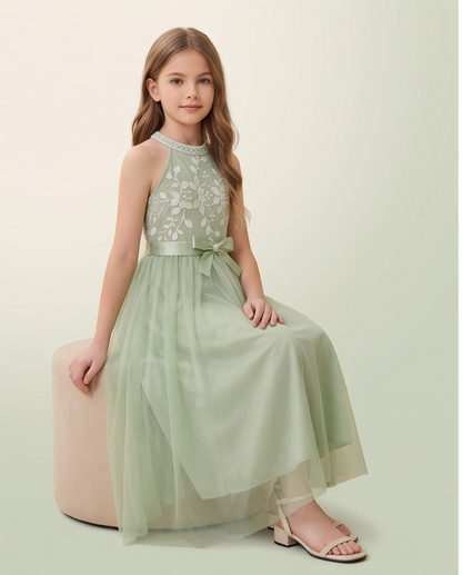 Girl wearing Sage Green Lace & Tulle Flower Girl Dress