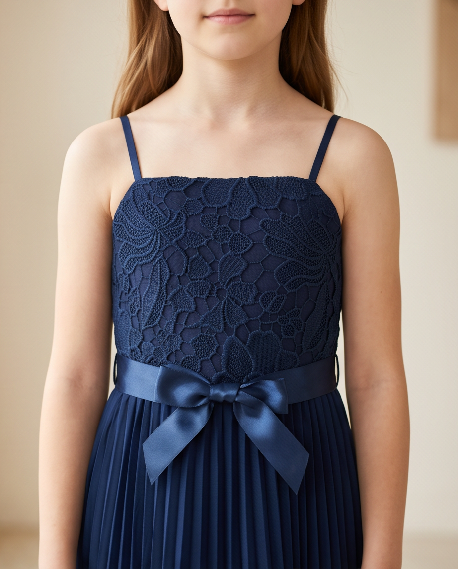 Close-up of lace bodice and bow detail on navy blue flower girl dress