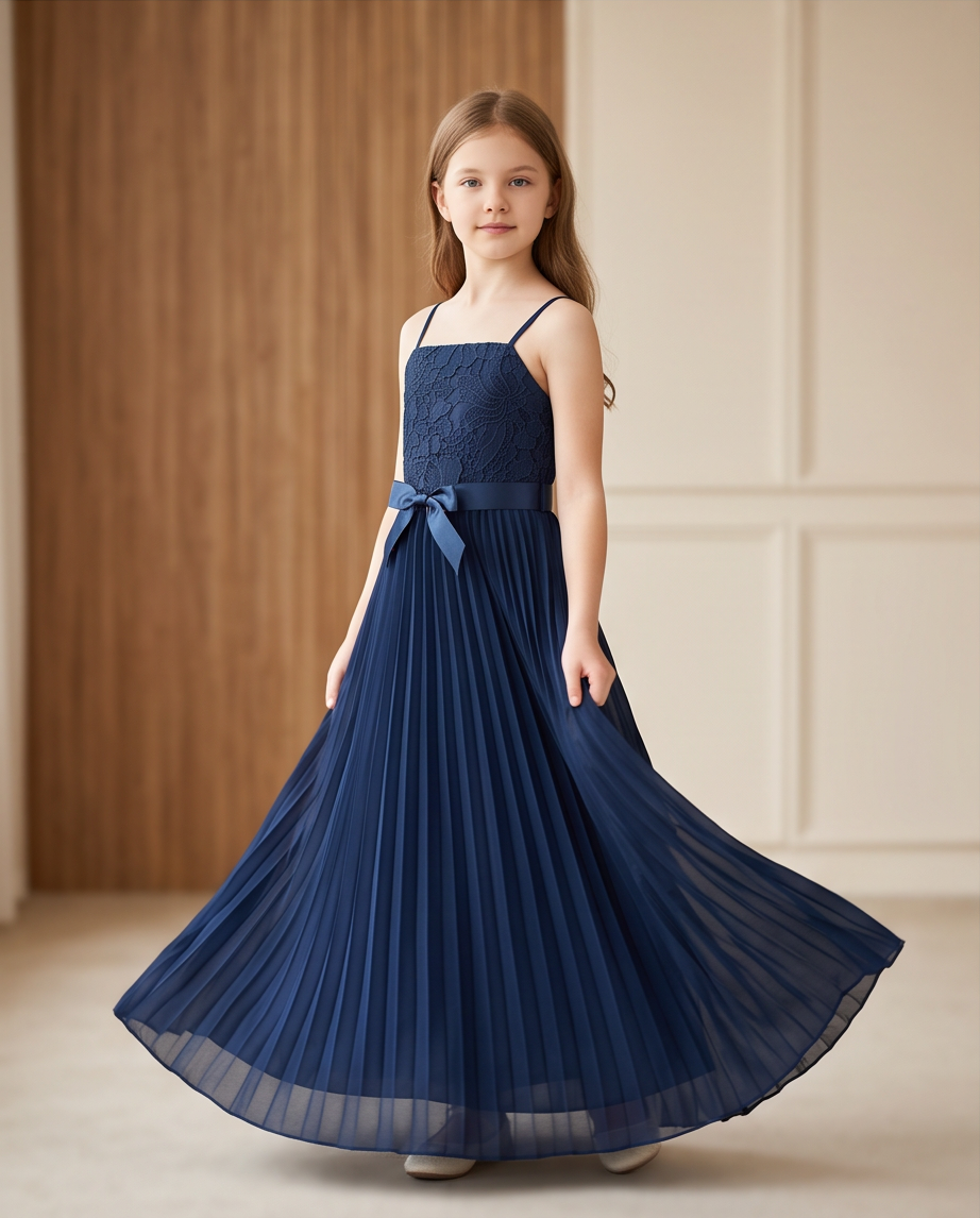 Close-up of navy blue lace bodice, shoulder straps and waist bow
