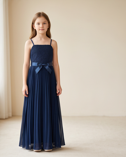 Navy blue pleated flower girl dress with lace bodice and waist bow