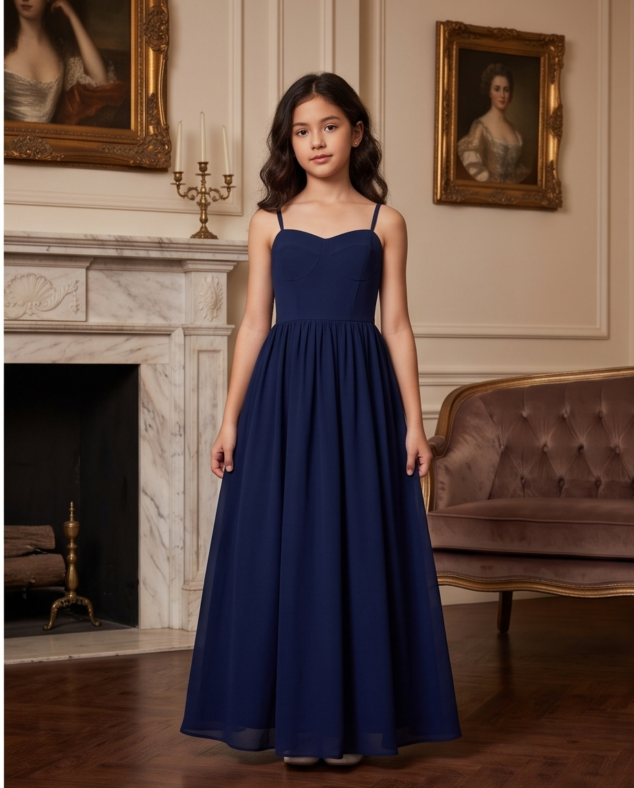 Full view of navy blue girls formal dress in a bright room