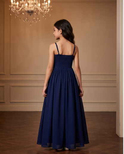 Back view of navy blue full-length girls formal dress