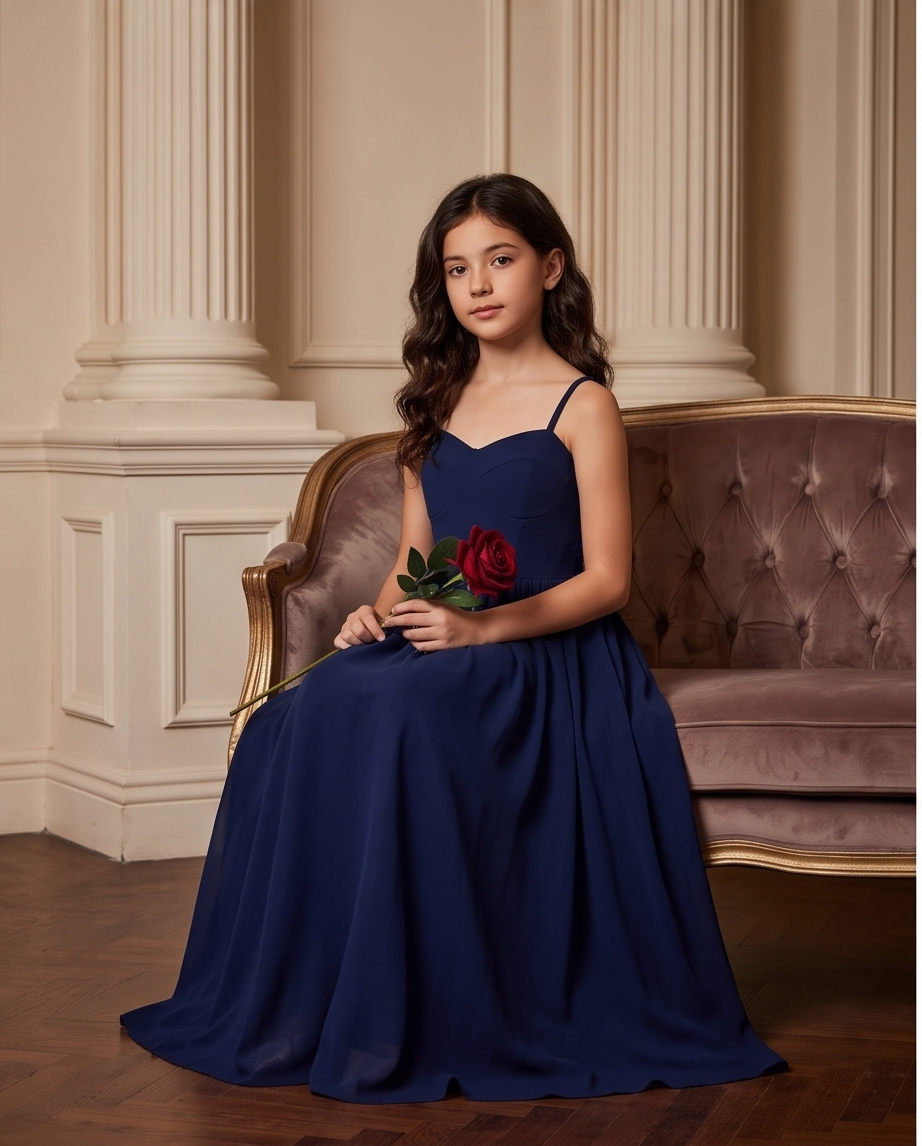 Close-up of navy blue girls formal dress bodice
