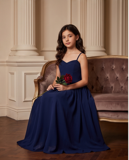 Close-up of navy blue girls formal dress bodice