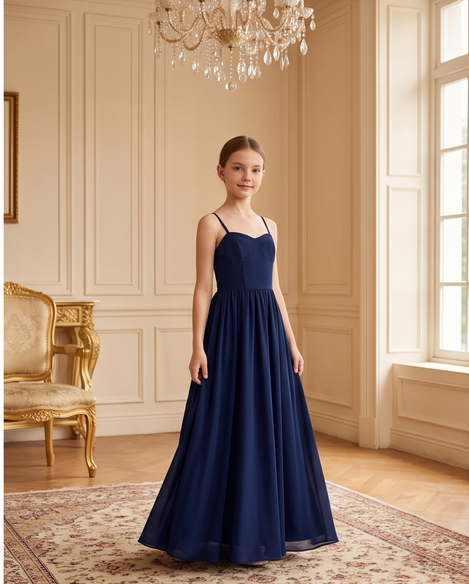 Navy blue girls formal dress shown seated
