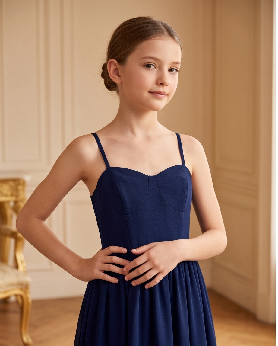 A young girl with her hair in a neat bun wears a navy blue spaghetti-strap dress with structured cups, standing in a warm, elegant room with beige walls and wood floors.