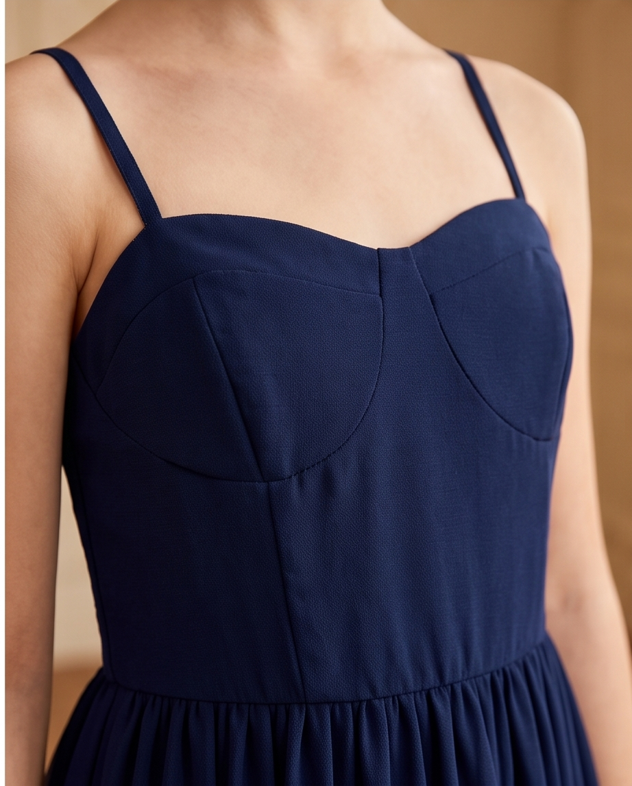 Close-up of shaped bodice and slim straps on navy blue girls dress