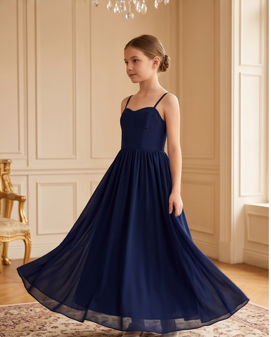 A young girl wearing a navy blue sleeveless maxi dress with spaghetti straps and a sweetheart neckline, standing in a grand room with cream paneled walls and a chandelier.