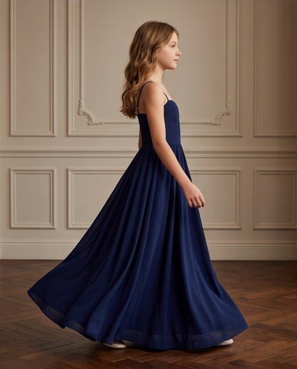 Front view of navy blue full-length girls formal dress
