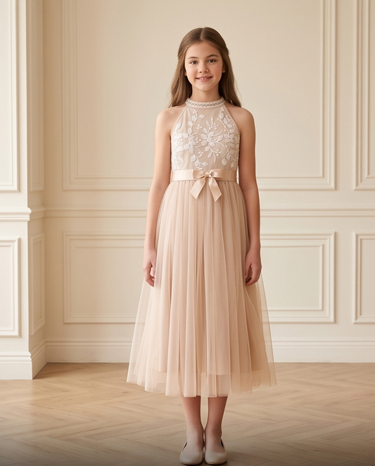 Side view of ivory girls formal dress