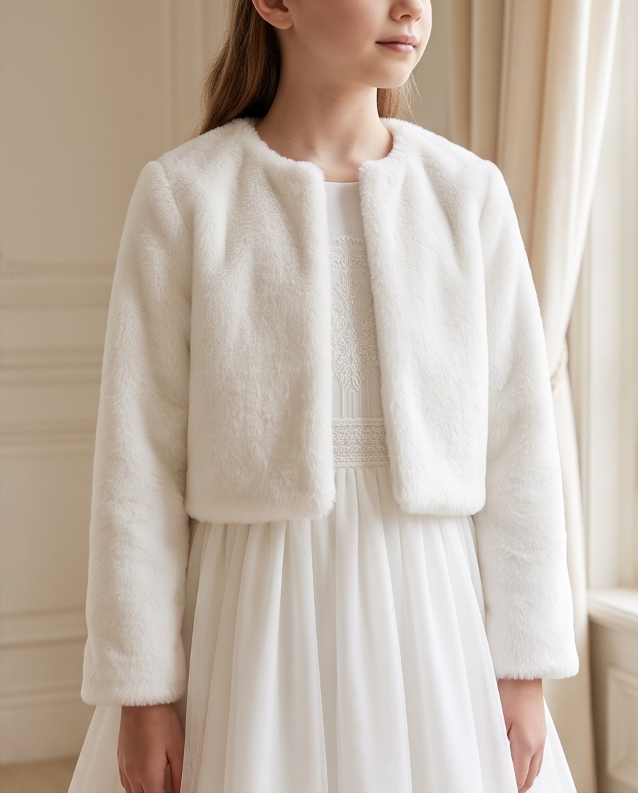 Detail view of white communion dress skirt and hem
