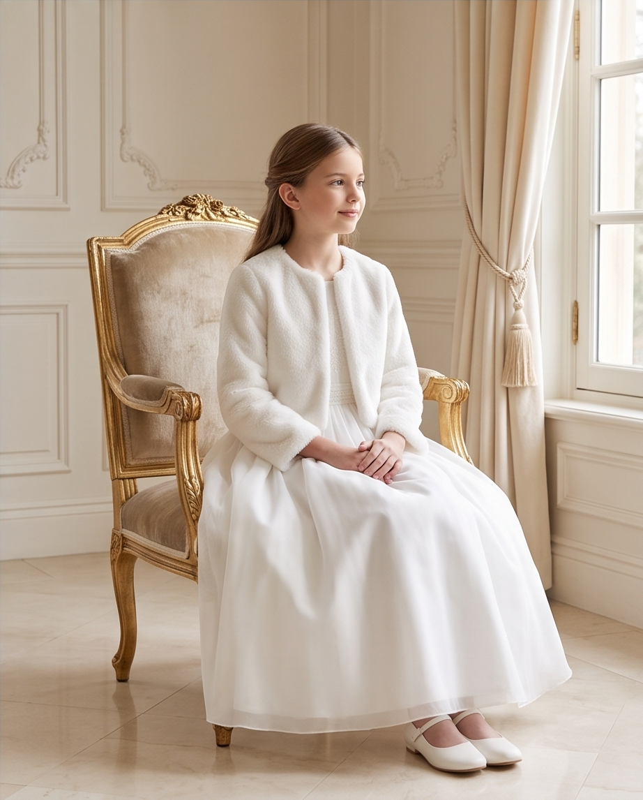 Back view of white girls communion dress and jacket