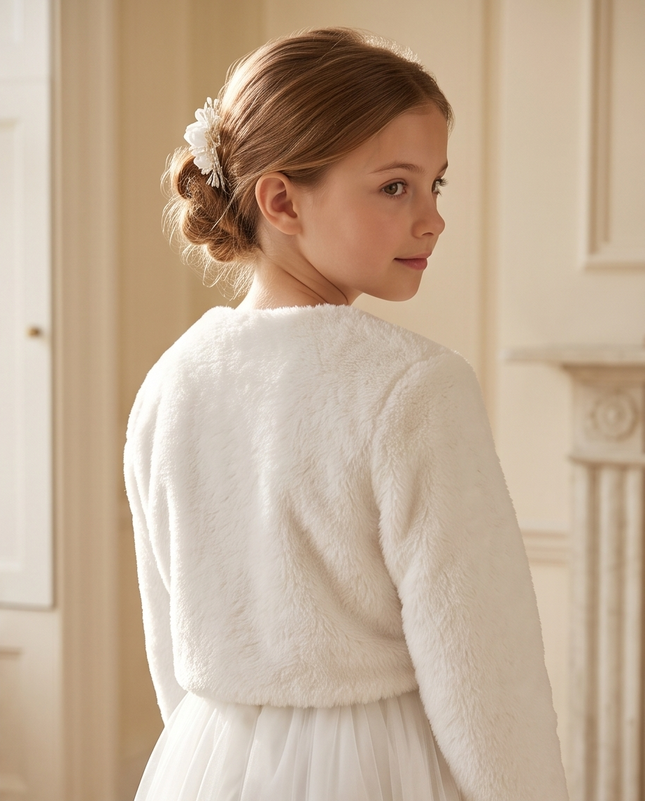 Side view of white communion dress with matching jacket