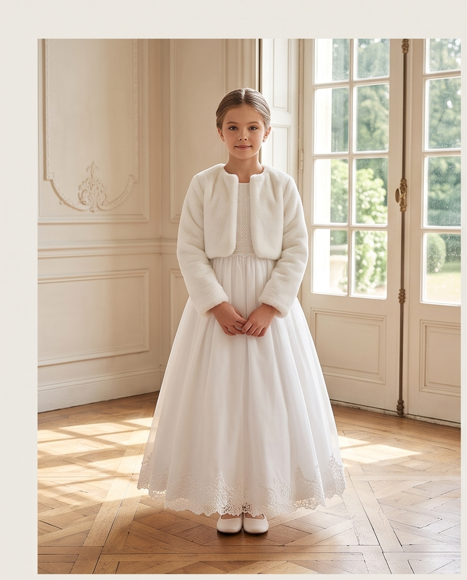 Close-up view of white communion dress bodice with jacket