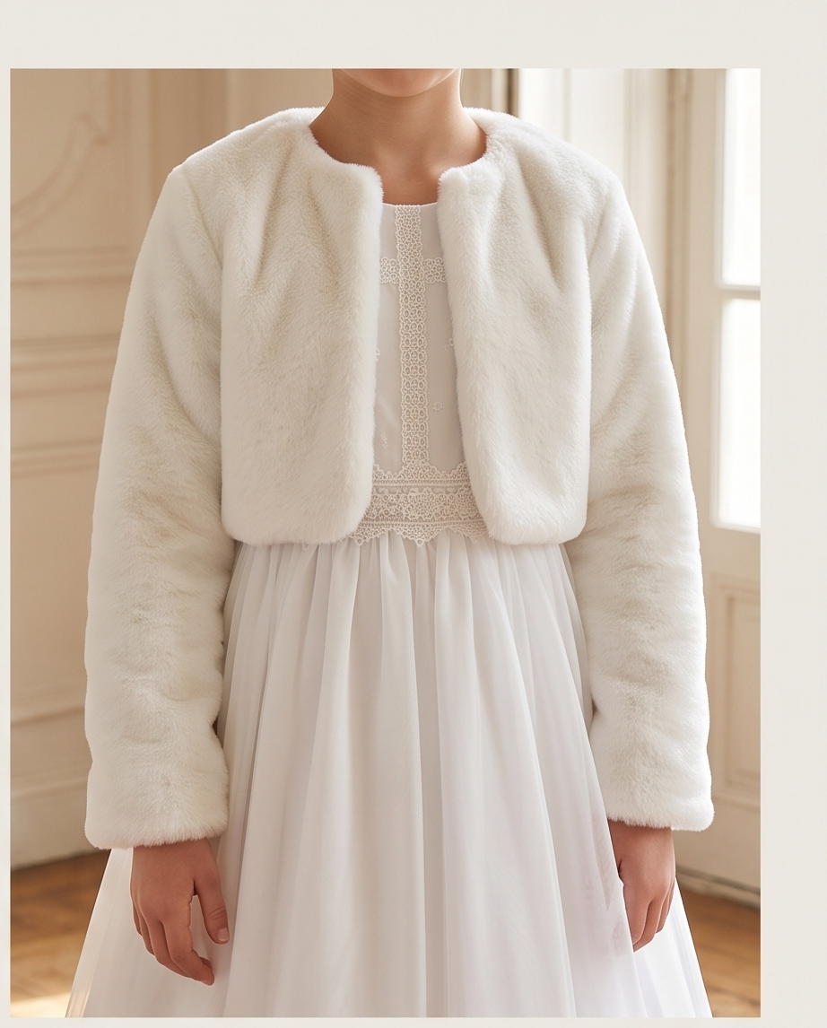 Full view of white girls communion dress with jacket