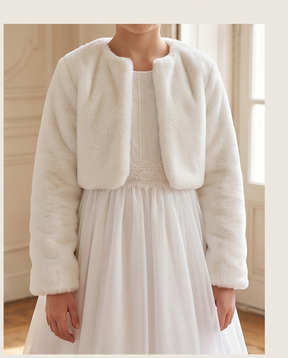 Full view of white girls communion dress with jacket