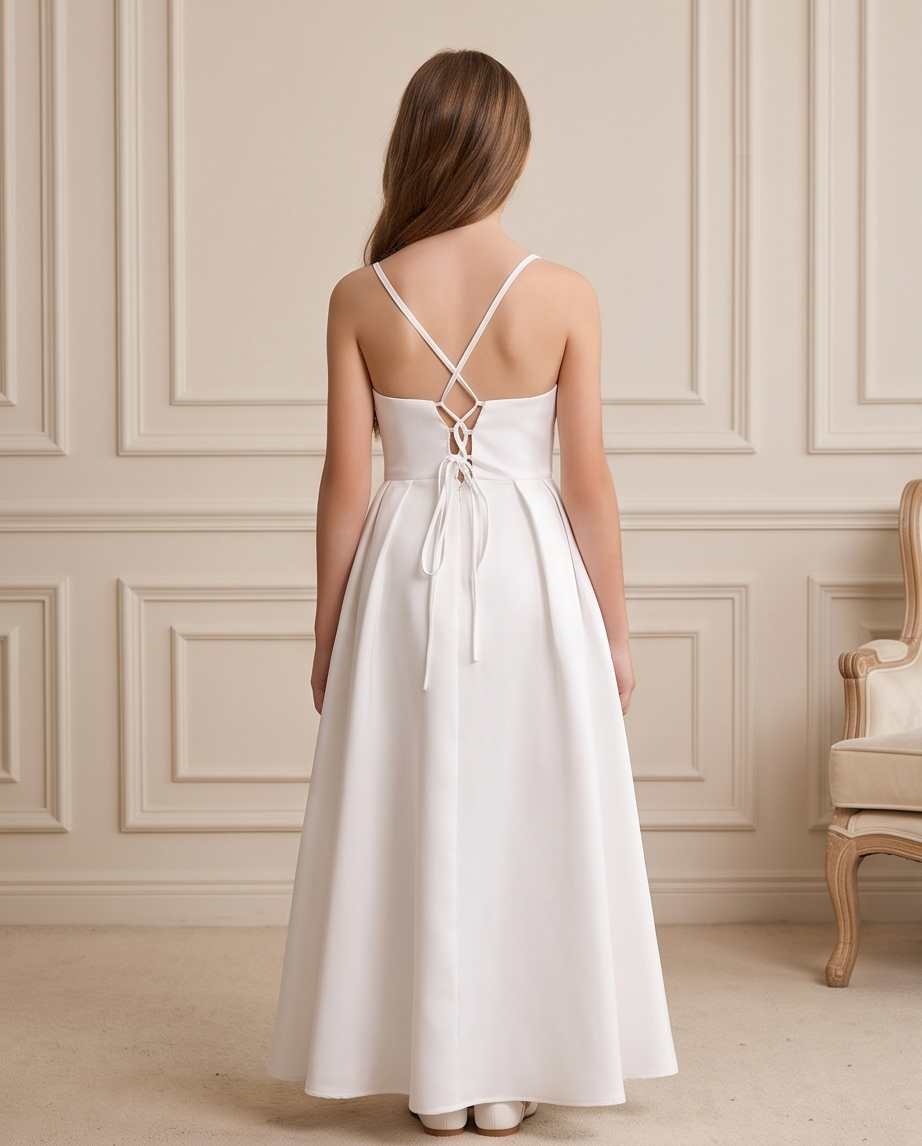 Close-up detail of beaded white communion dress bodice