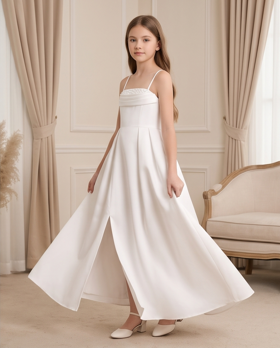 Front view of white full-length girls communion dress