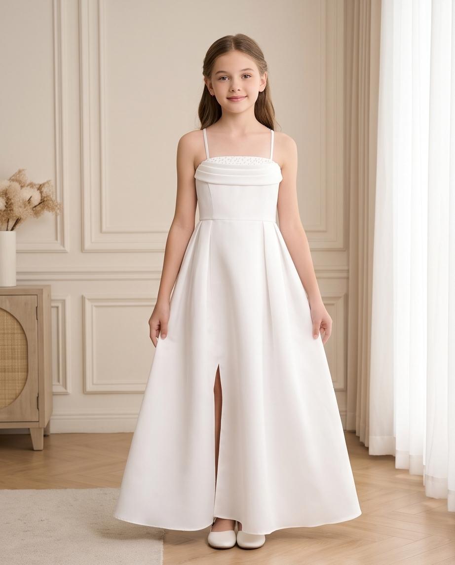 Close-up of beaded bodice on white girls communion dress
