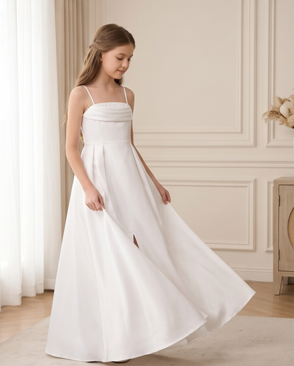 Front view of white beaded girls communion dress
