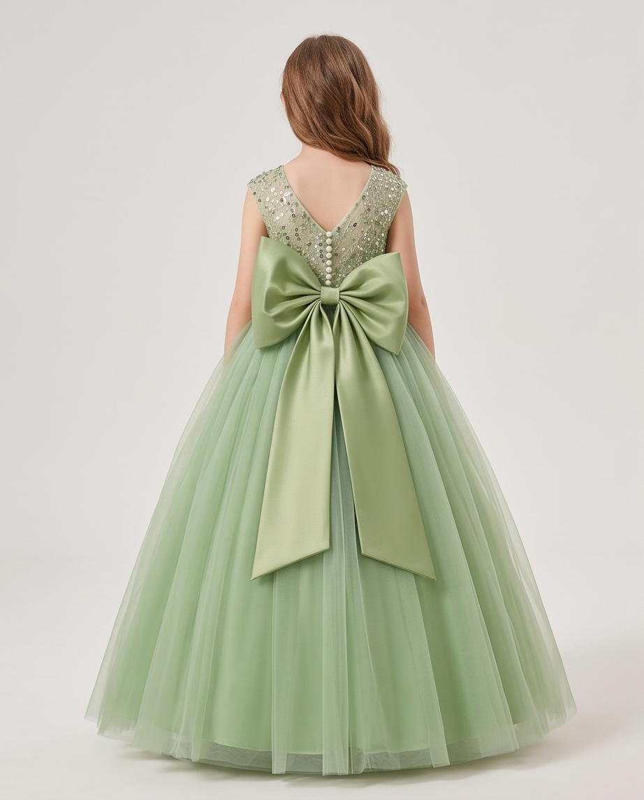 Rear detail of sage green flower girl dress with large satin bow
