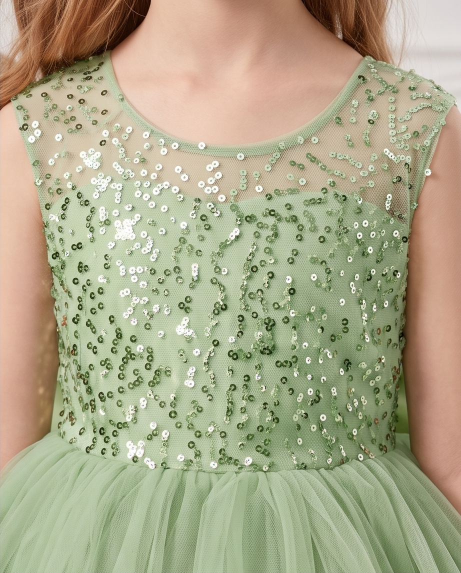 Sage green sequin flower girl dress shown with a bouquet