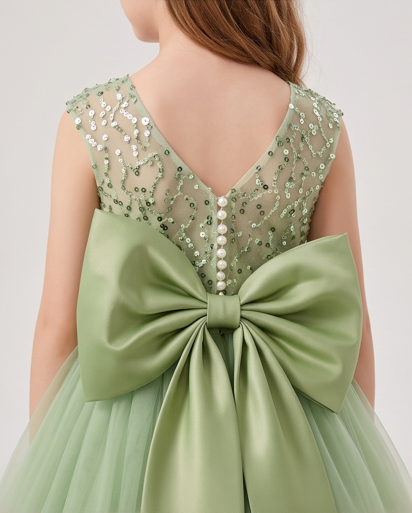 Close-up of sequin bodice and layered skirt on sage green girls dress