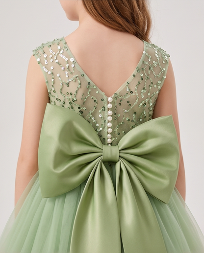 Close-up of sequin bodice and layered skirt on sage green girls dress