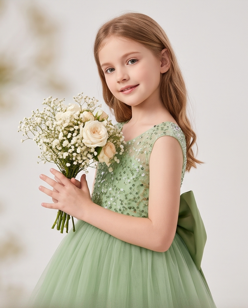 Full view of sage green sequin flower girl dress