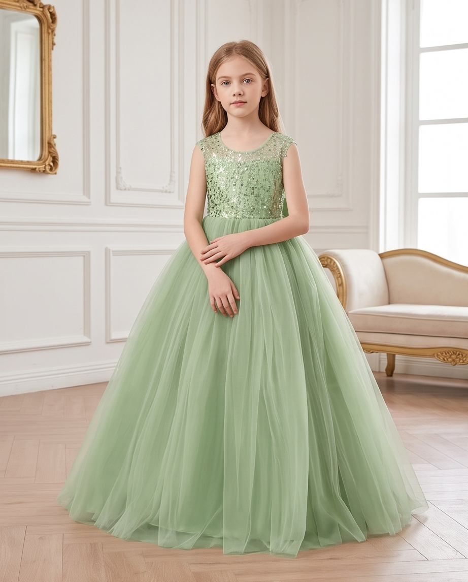 Back view of sage green flower girl dress with satin bow and pearl buttons
