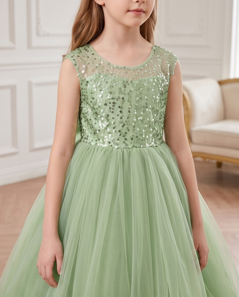 Side view of sage green flower girl dress with full tulle skirt