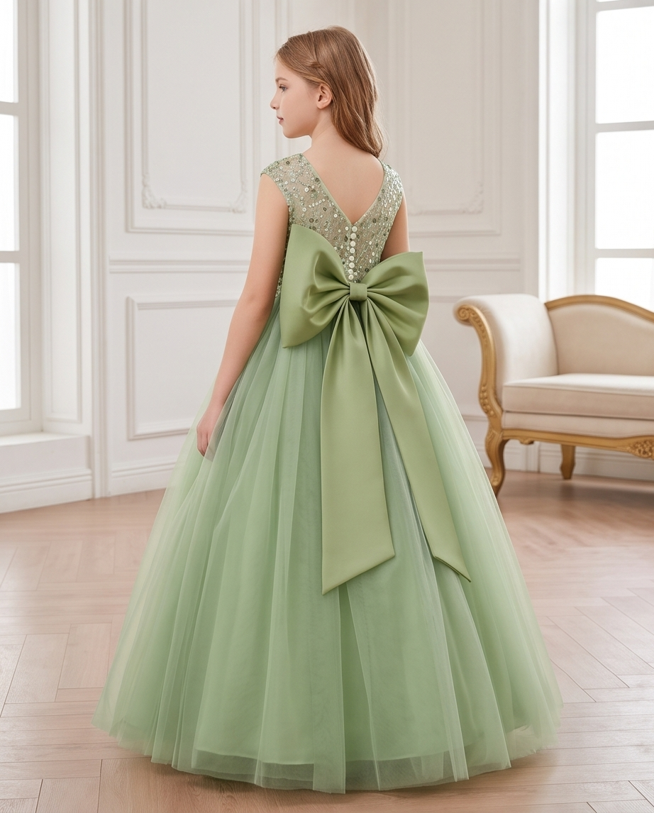 Front view of sage green sequin flower girl dress with layered tulle skirt